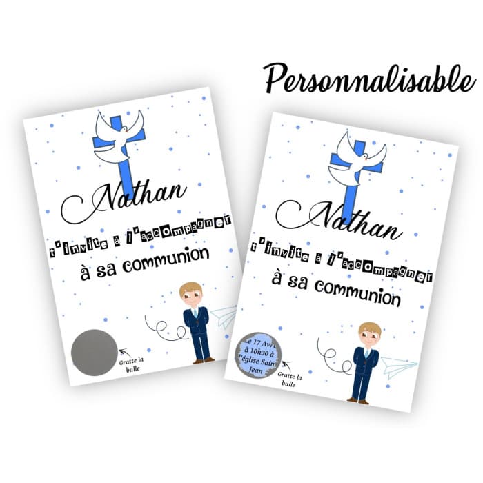 Faire-part de communion personnalisable avec case à gratter pour une invitation originale