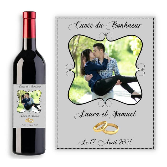 Étiquette bouteille de vin personnalisable avec photo - Modèle mariage