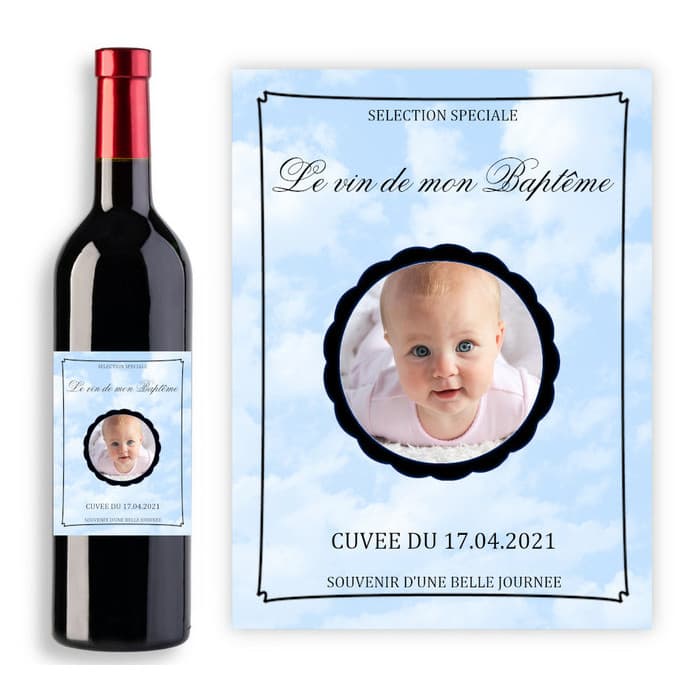 Étiquette bouteille de vin personnalisable avec photo pour baptême
