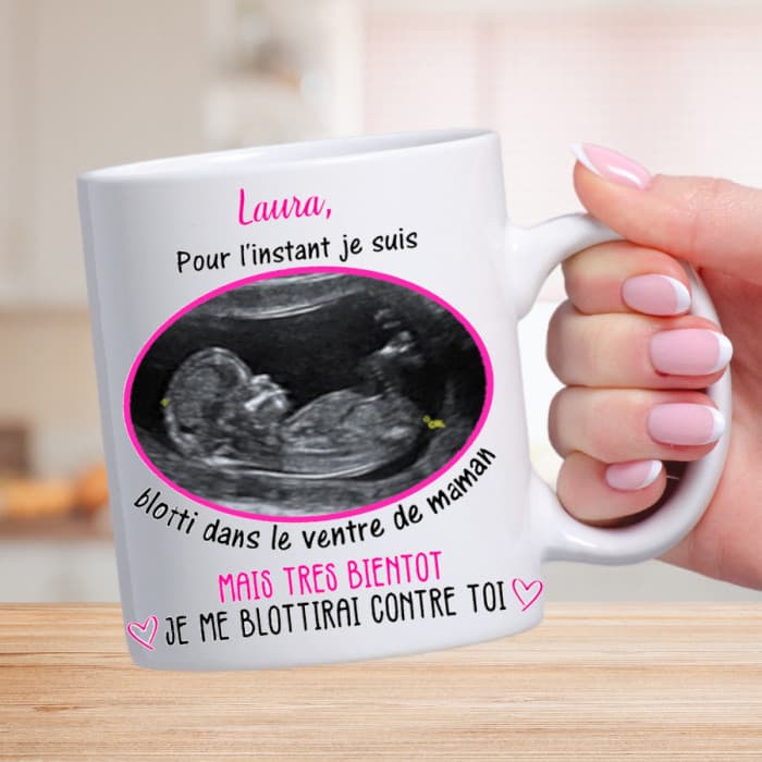 Mug personnalisable avec échographie et un prénom modèle rose
