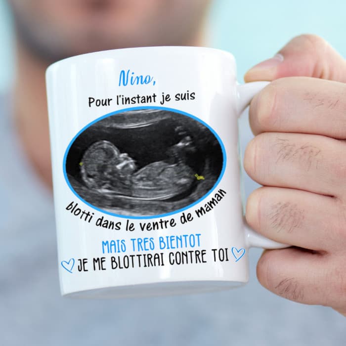 Mug personnalisable avec échographie et un prénom modèle bleu