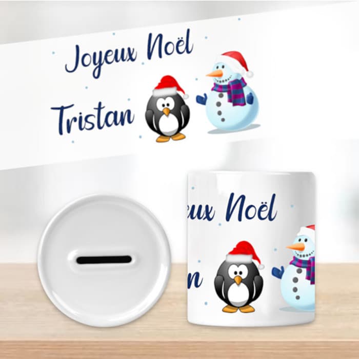 Tirelire bonhomme de neige personnalisée – Prénom au choix