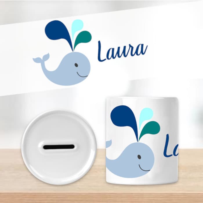 Tirelire baleine personnalisée en céramique – Prénom au choix