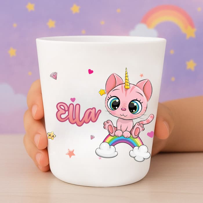 Gobelet enfant personnalisé chaton rose – Verre plastique avec prénom