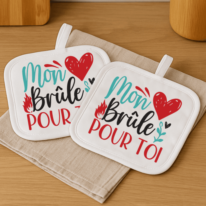 Manique(s) de cuisine personnalisée(s) mon coeur brûle