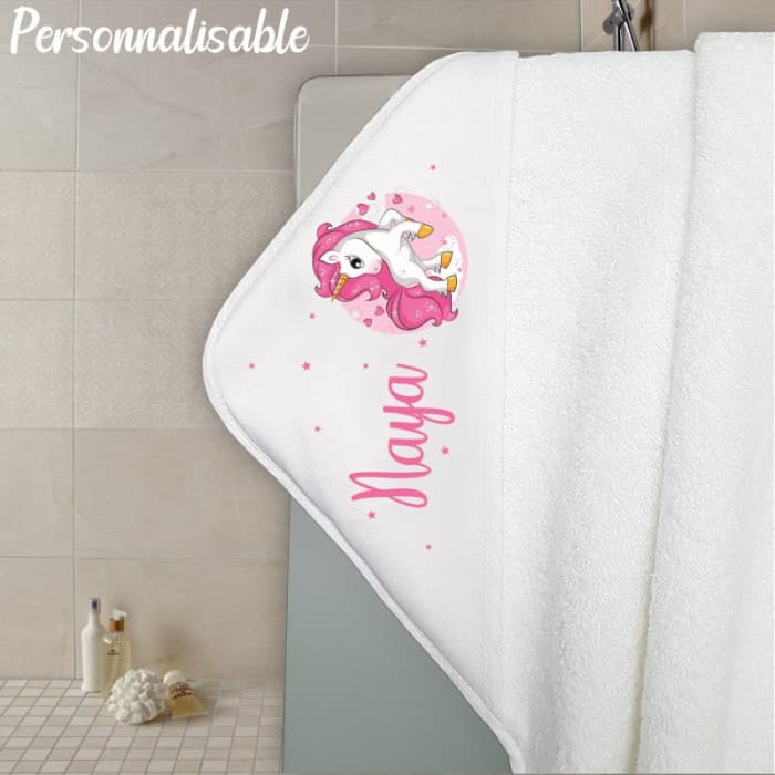 Cape de bain en éponge personnalisable modèle licorne étoiles