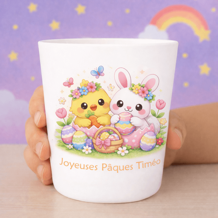 Gobelet enfant personnalisé – Modèle lapin et poussin de Pâques