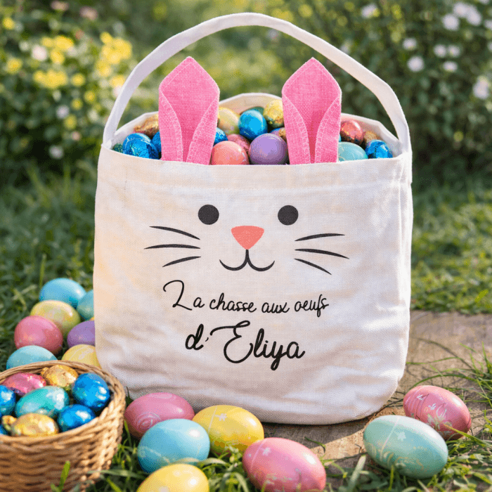 Panier de Pâques personnalisé enfant – Oreilles roses avec message