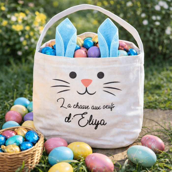 Panier de Pâques personnalisé enfant – Oreilles bleues avec message