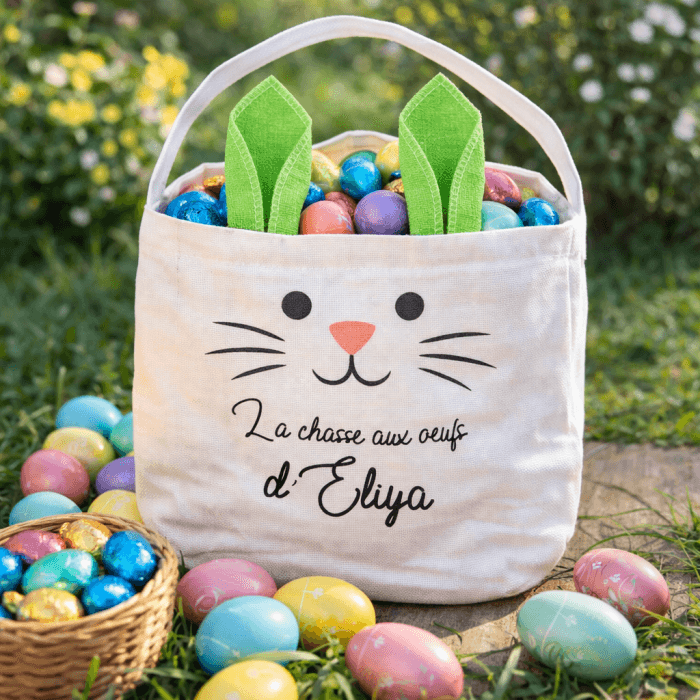 Panier de Pâques personnalisé enfant – Oreilles vertes avec message