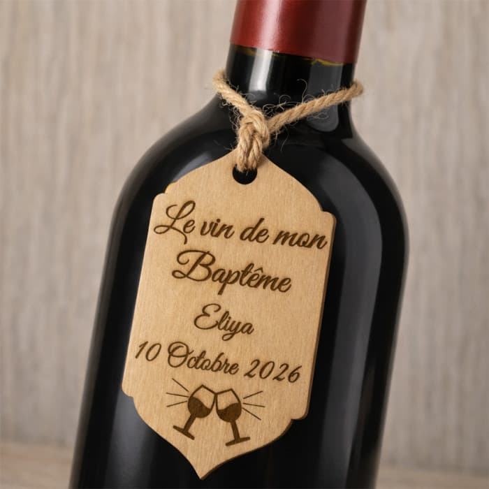 Étiquette en bois personnalisée bouteille vin verres – Mariage, baptême, anniversaire, communion