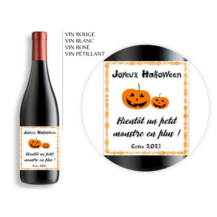 Bouteille de bière ou vin personnalisable pour une annonce originale à Halloween modèle blanc