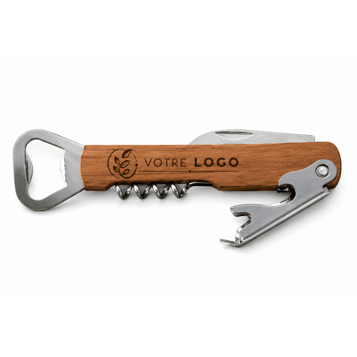 Tire-bouchon multifonction personnalisé en bois avec logo ou message