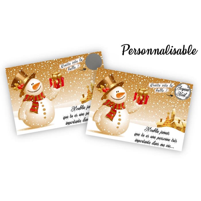 Carte à gratter personnalisable pour une annonce originale à Noël modèle bonhomme de neige