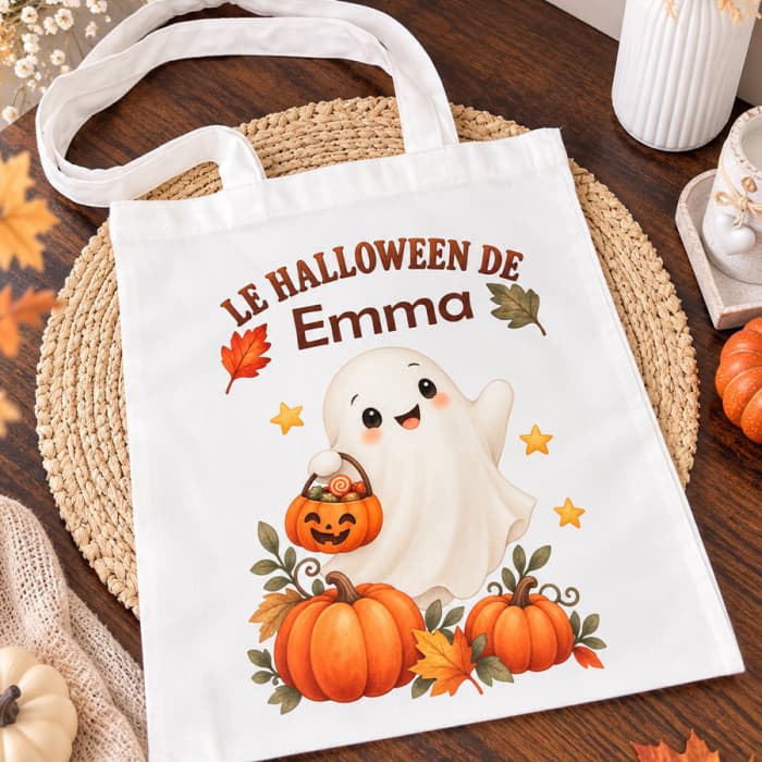 Tote bag Halloween personnalisé avec prénom – Fantôme et citrouilles