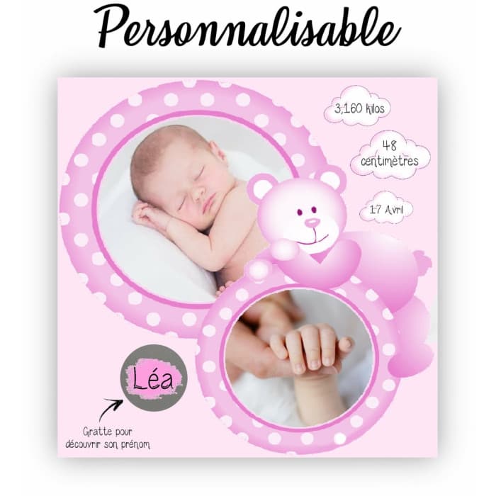 Faire-part de naissance original avec case à gratter modèle Liam ou Léa