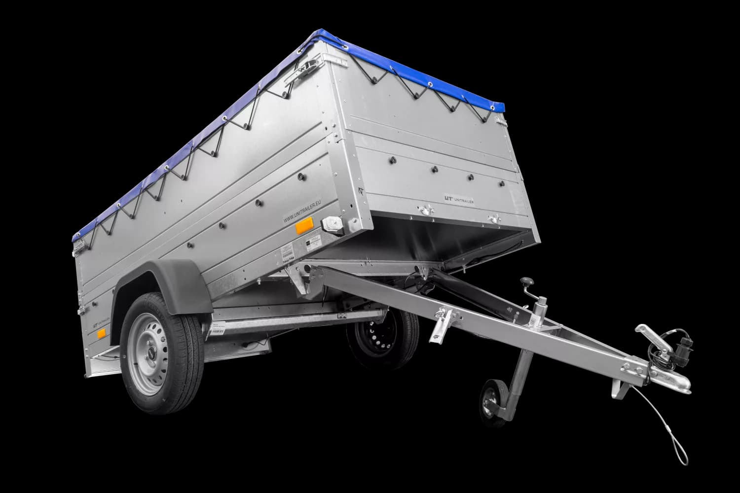 Anhänger mit faltbarer Deichsel Garden Trailer 230 KIPP mit zusätzlichen Bordwänden, Stützrad und blauer Flachplane-Neu