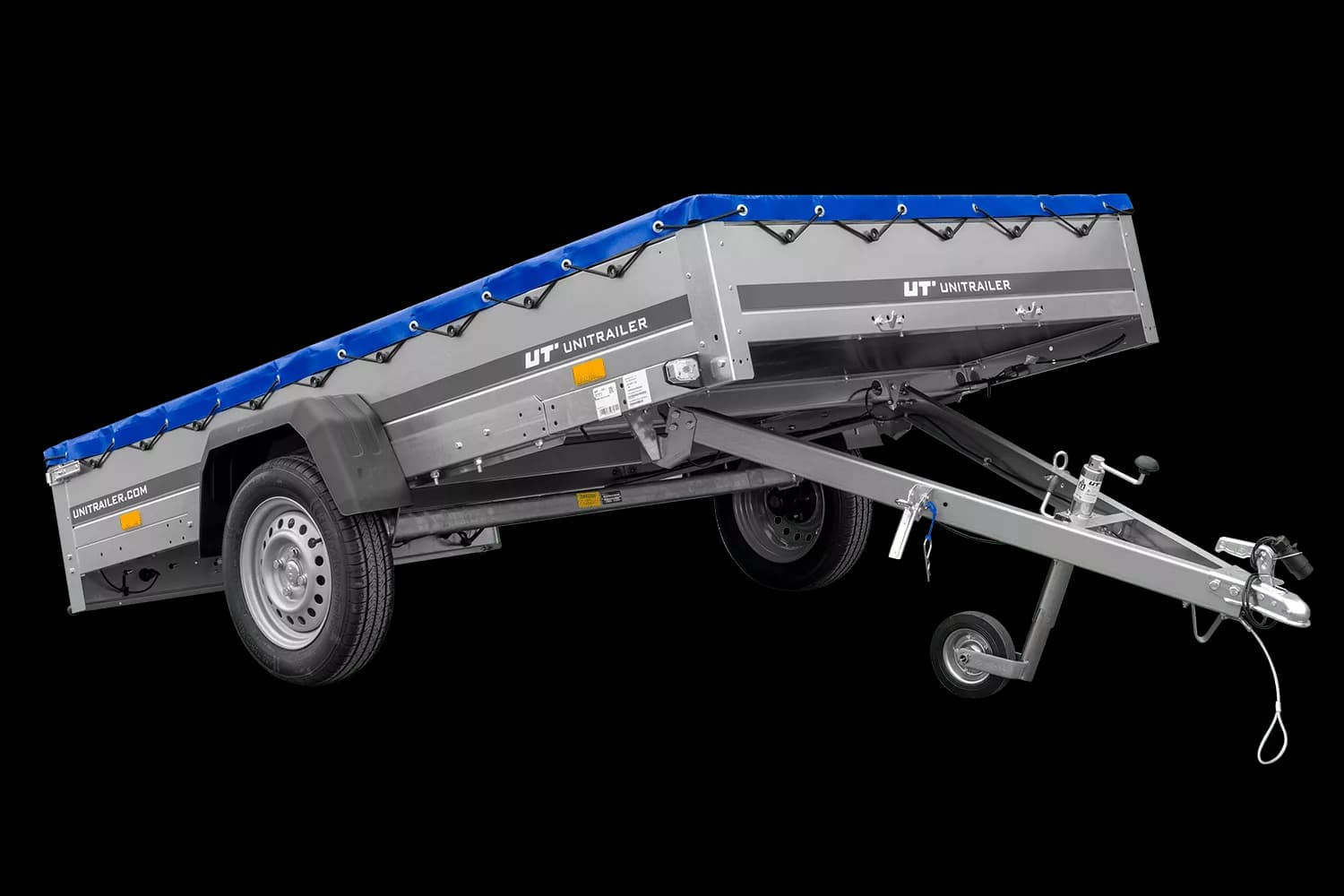 Einachsanhänger 264×150 UNITRAILER GARDEN 265 KIPP mit einem Flachplanenträger und blauer Plane-Neu