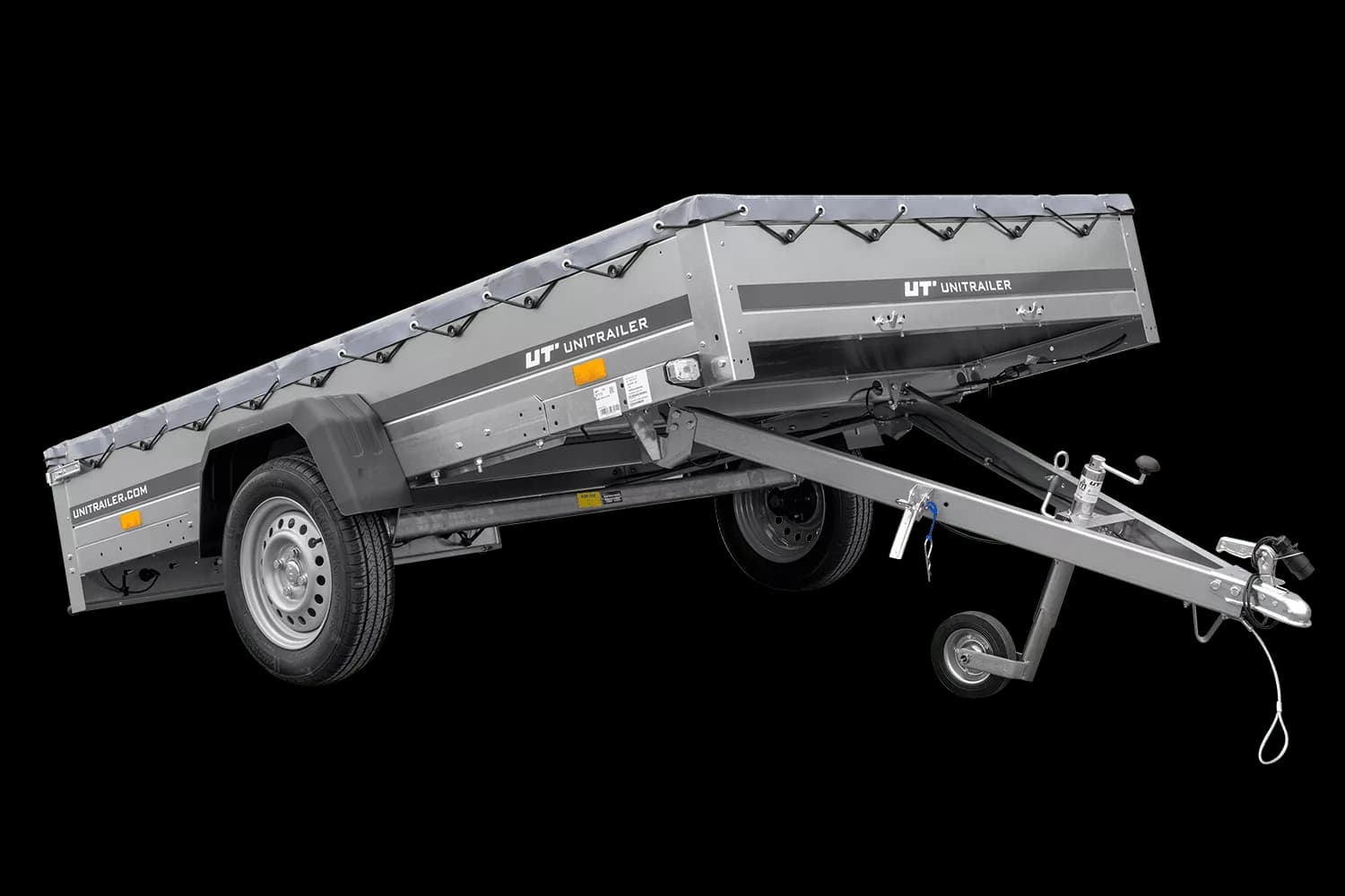 PKW Anhänger 264×150 Unitrailer Garden 265 KIPP mit Flachplanenträger und grauer Plane-Neu
