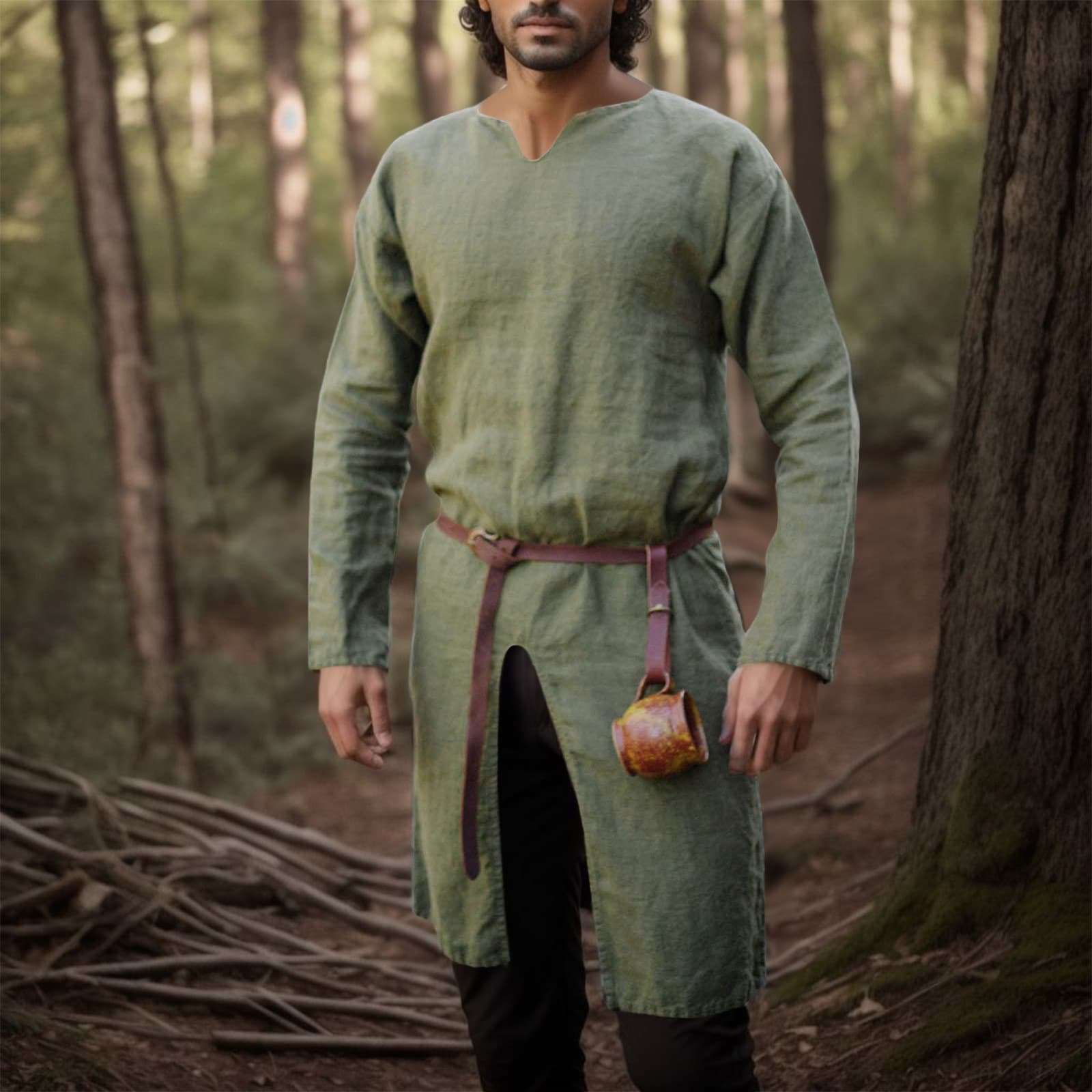 Déguisement viking chemise en lin rétro kaki - L