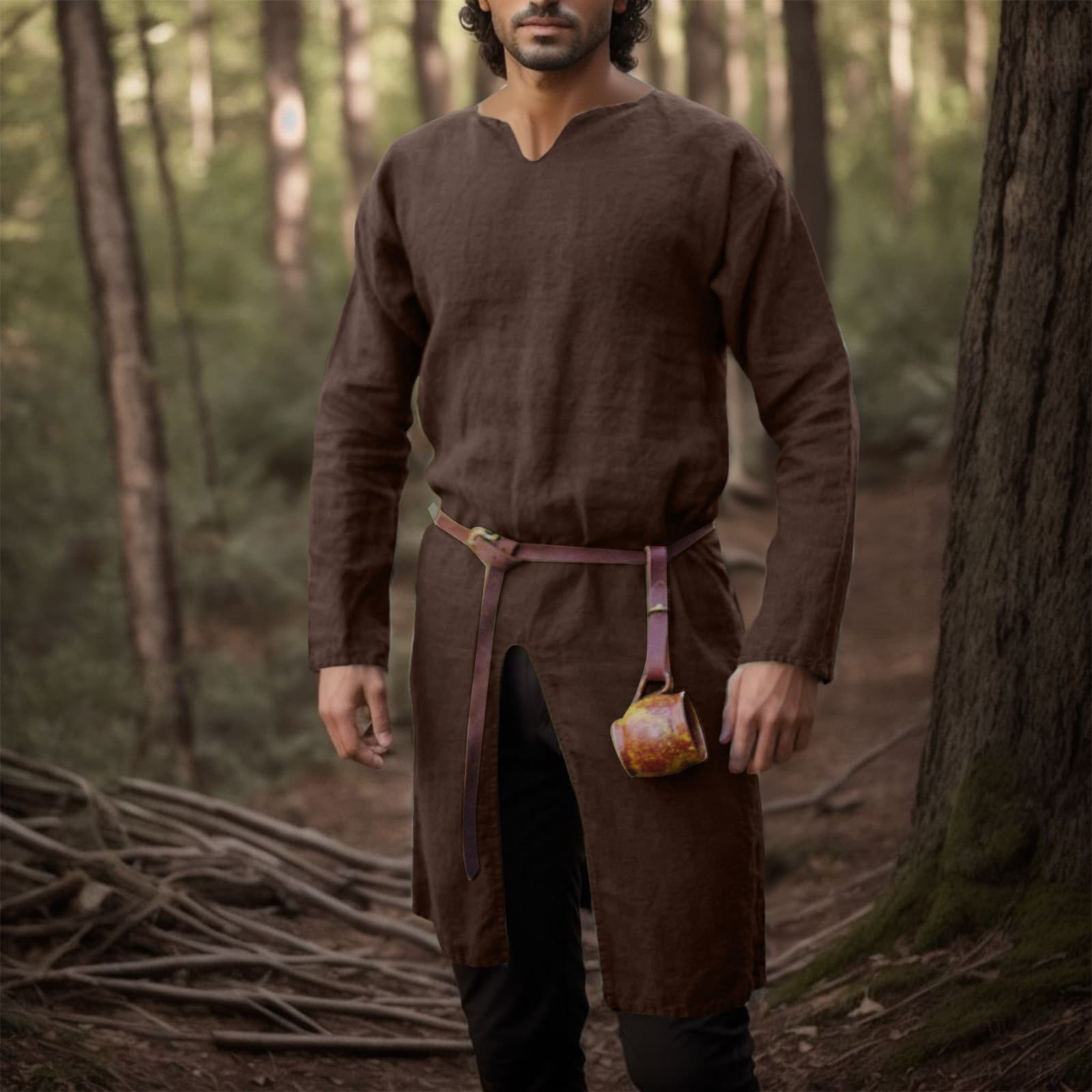 Déguisement viking chemise en lin rétro marron - XL