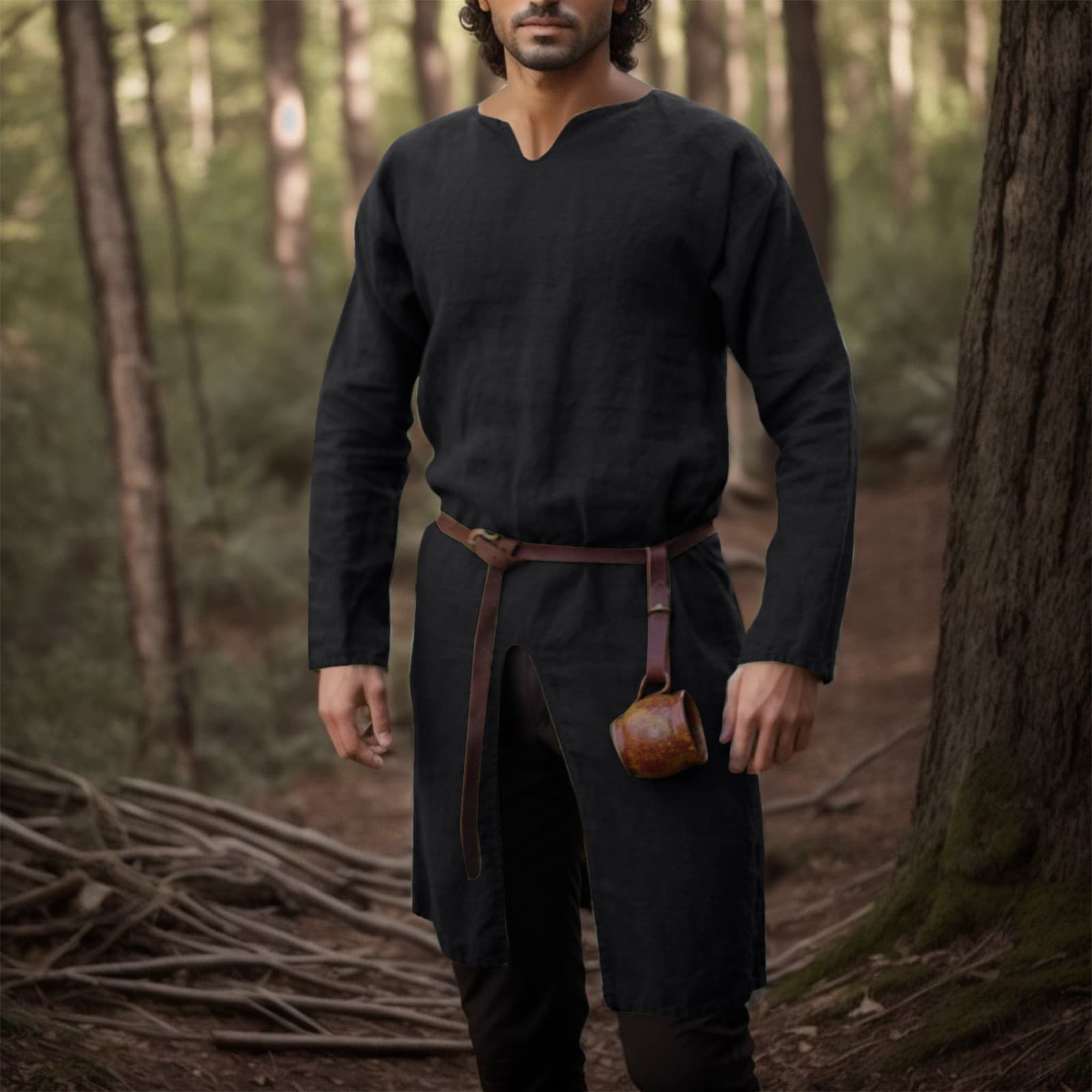 Déguisement viking chemise en lin rétro noir - XL