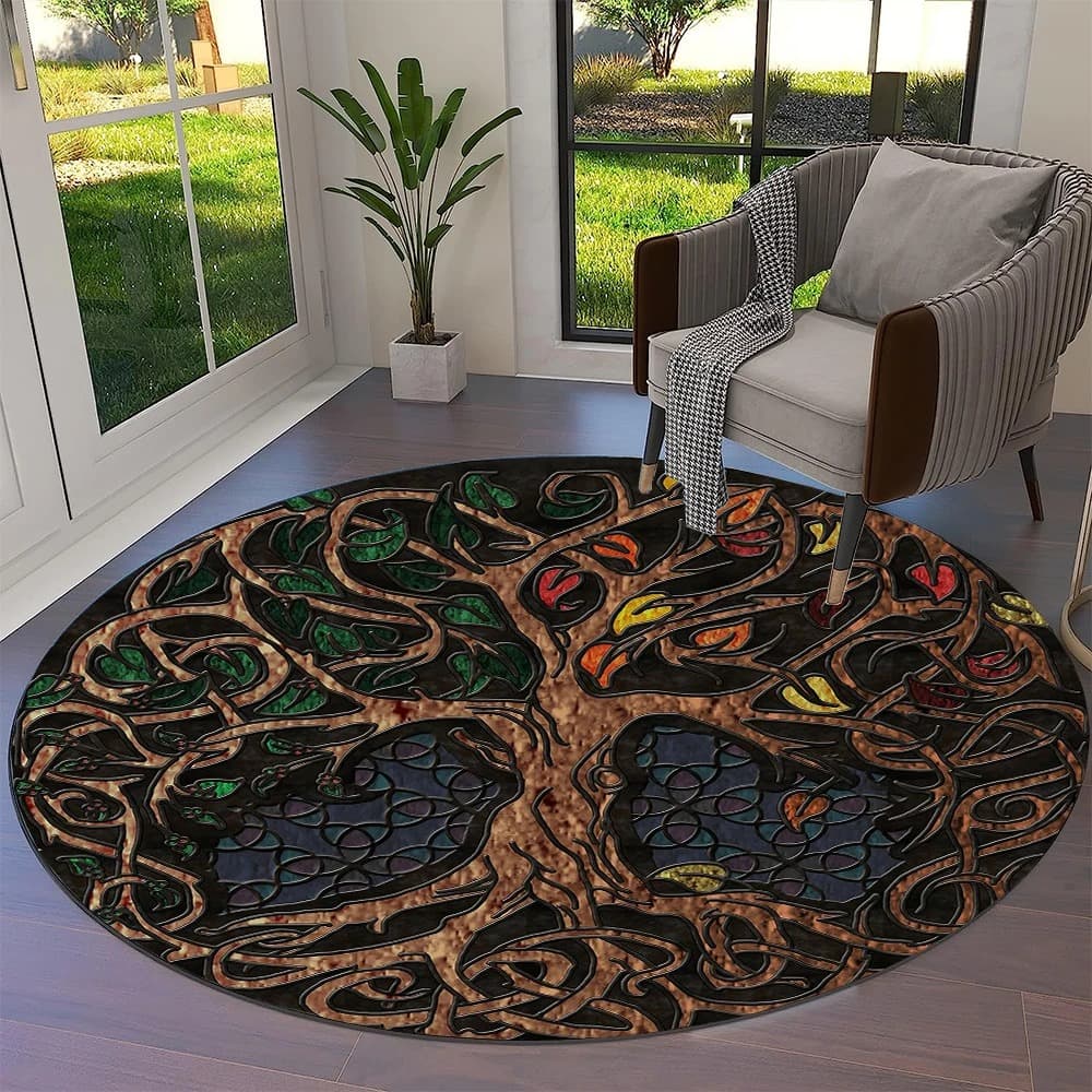 Tapis viking rond arbre de vie avec feuilles - 150cm