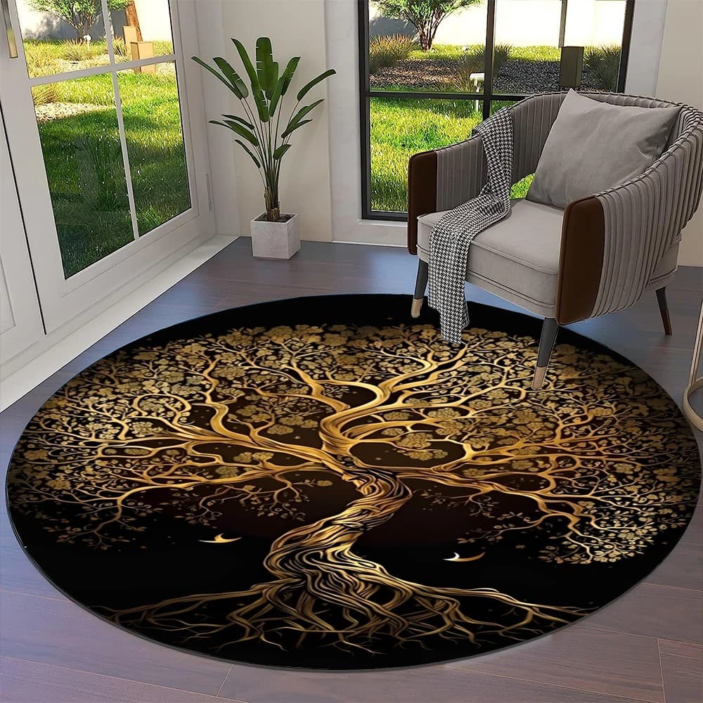 Tapis viking rond arbre de vie doré - 100cm