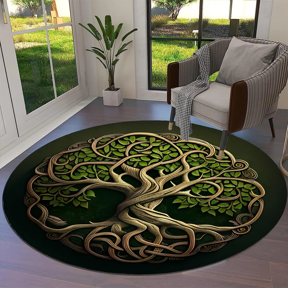 Tapis viking rond arbre de vie feuilles vertes - 100cm