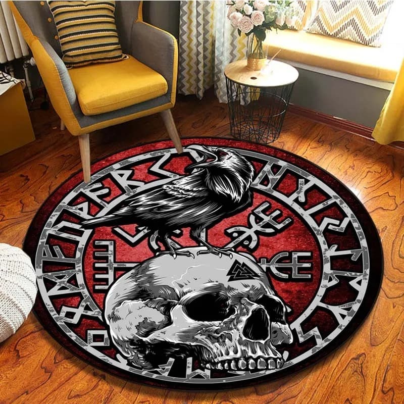 Tapis viking rond corbeau sur crane - 120cm