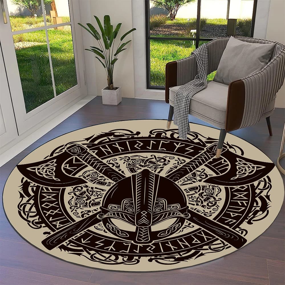 Tapis viking rond guerrier bouclier et hache - 120cm
