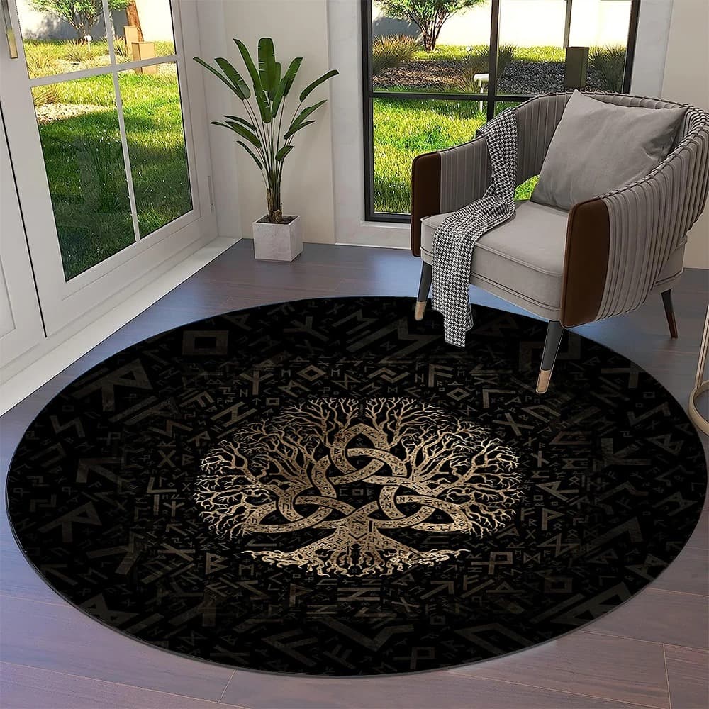 Tapis viking rond runes dans le noir - 120cm
