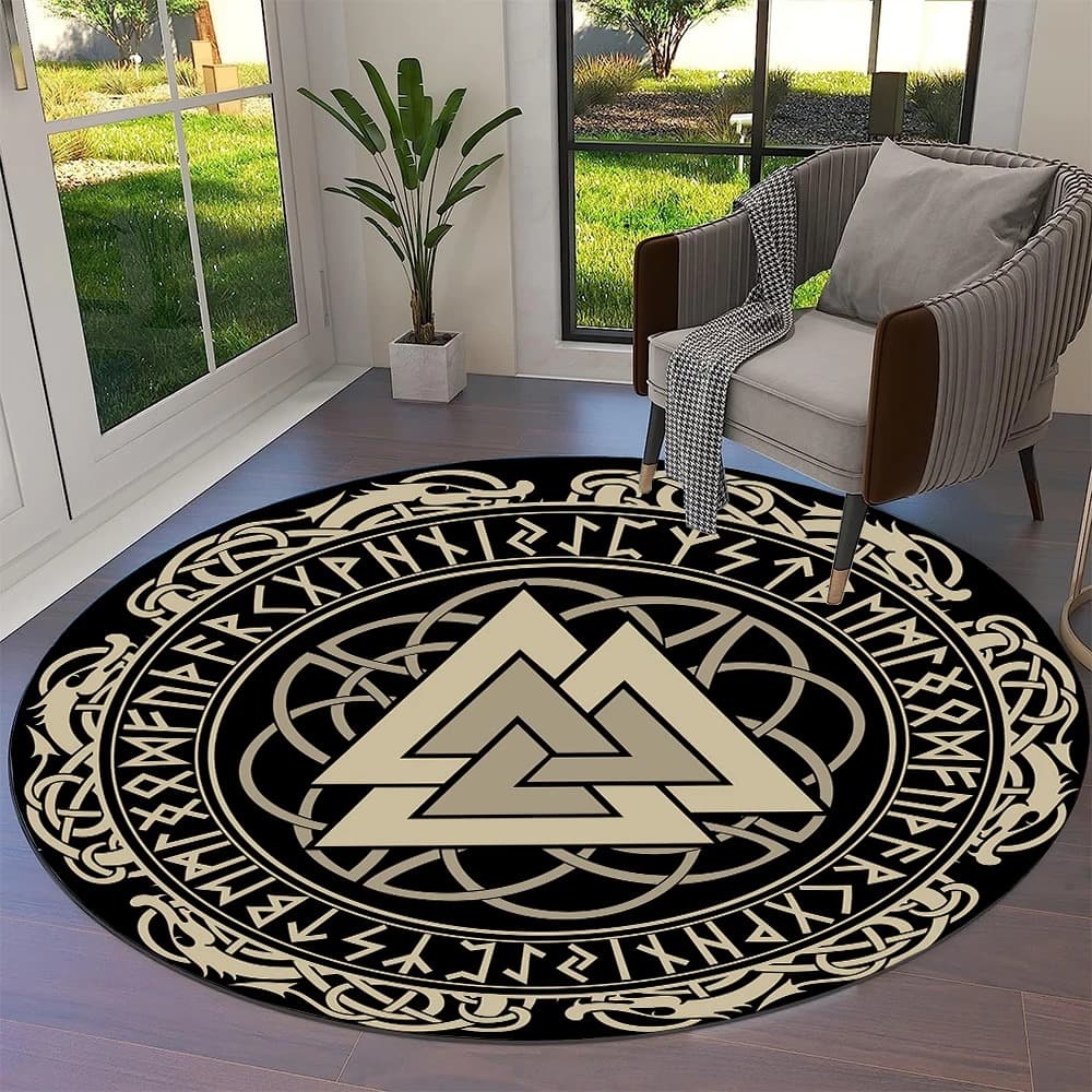 Tapis viking rond valknut doré avec runes - 60cm