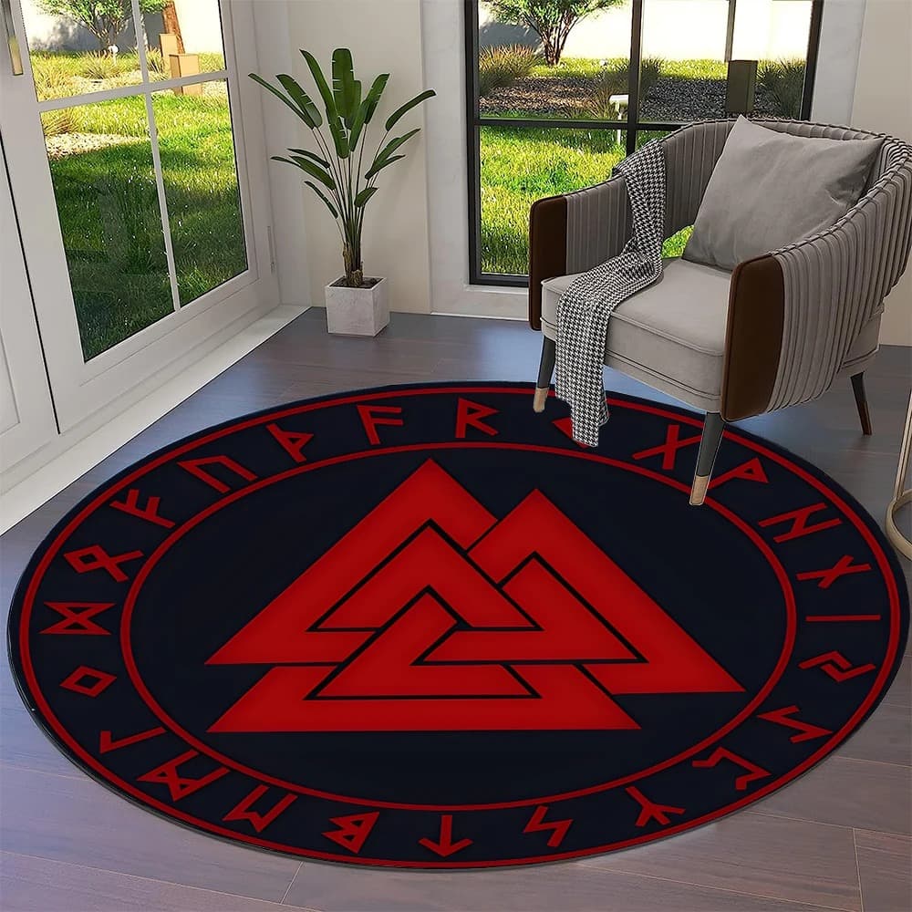 Tapis viking rond valknut rouge - 80cm