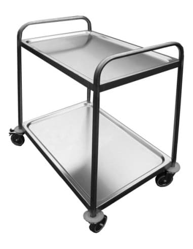 DESSSERTE SOUDEE INOX 304. 2 PLATEAUX 4 ROUES PIVOTANTES DONT 2 A FREINS CHAPE POLY L (en mm) : 1Â 000 - P (en mm) : 670 H (en mm