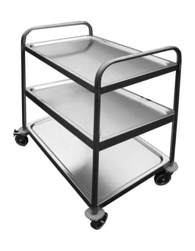 DESSERTE DEMONTABLE INOX 304. 3 PLATEAUX. 4 ROUES PIVOTANTES DONT 2 A FREINS L (en mm) : 1Â 000 - P (en mm) : 500 H (en mm) : 935