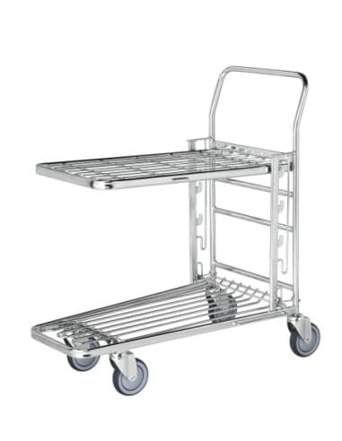 CHARIOT DE MANUTENTION GALVANISE AVEC VERNIS TRANSPARENT EMBOITABLE. 2 NIVEAUX HAUTEUR PLATEAU SUPERIEUR REGLABLE 460 / 580 / 71