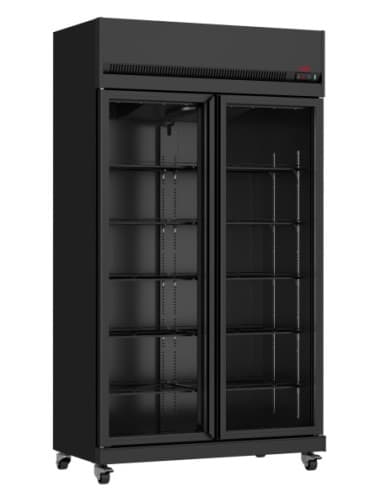 VITRINE REFRIGEREE. 1/10°C A 32°C 65% HR. GROUPE LOGE SUR LE DESSUS. 2 PORTES VITREES. CARROSSERIE EXTERIEURE NOIRE. INTERIEUR