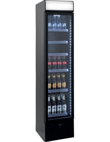 VITRINE A BOISSONS ETROITE R600A. 0°C/+7°C. 1 PORTE BATTANTE VITREE. 6 ETAGERES Tension : 230V Mono - Puissance (en kW) : 0.115