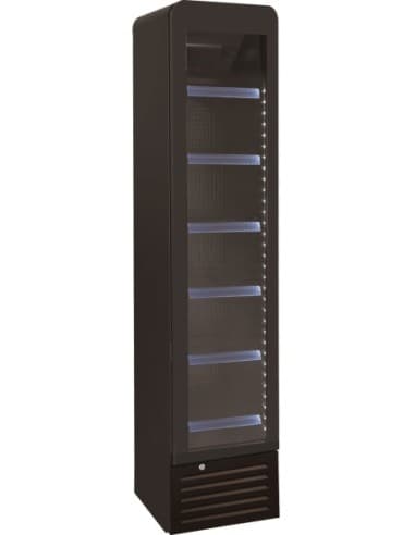 VITRINE A BOISSONS ETROITE R600A. +2°C/+8°C. 1 PORTE BATTANTE VITREE. 6 ETAGERES. SANS CANOPY Tension : 230V Mono - Puissance (