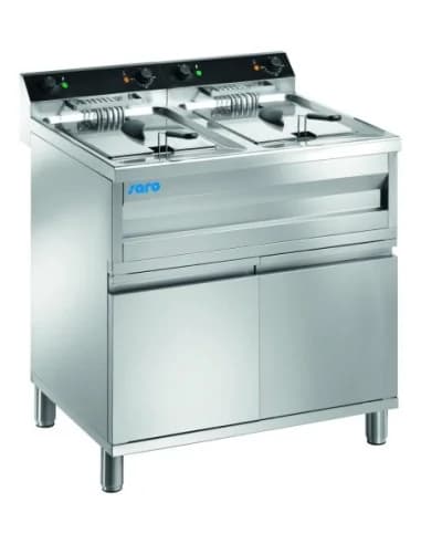 FRITEUSE SUR PIETEMENT FERME ELECTRIQUE AVEC ROBINET DE VIDANGE. 2 CUVES DE 12L Fourni avec câble électrique. sans prise Tension