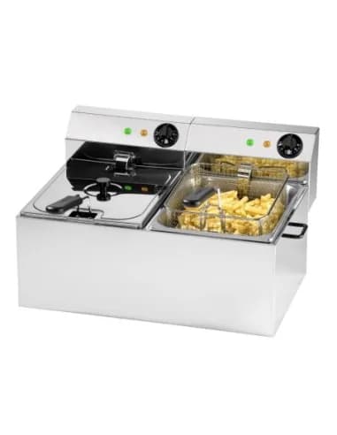 FRITEUSE DE TABLE ELECTRIQUE SANS ROBINET DE VIDANGE. 2 CUVES DE 8L Tension : 230V Mono - Puissance (en kW) : 6.5 L (en mm) : 61