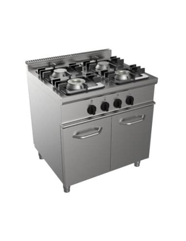 FOURNEAU GAZ 4 BRULEURS SUR MEUBLE PLACARD FERME 2P.BATTANTES BAC DE RECUPERATION EXTRACTIBLE L (en mm) : 800 - P (en mm) : 700