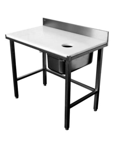 TABLE PREPARATION POISSON. SANS BAC. DESSUS POLY BLANC EP.25 MM. DOSSERET H-200 1 TVO Ø200 MM A DROITE AVEC TIROIR GN 1/1 H-100