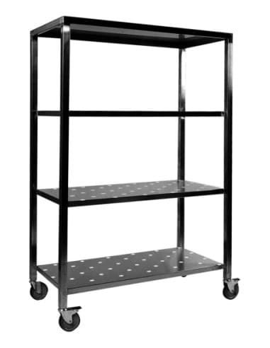 CHARIOT DE REMBALLE 4 NIVEAUX PERFORES STRUCTURE TUBE 25X25 4 ROULETTES D.125MM DONT 2 AF L (en mm) : 1Â 200 - P (en mm) : 600 H