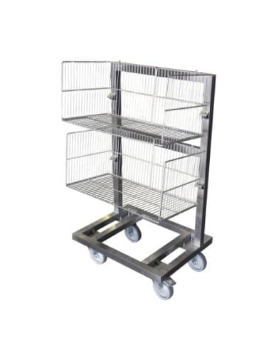 CHARIOT INOX SUPPORT 2 PANIERS A BARQUETTES DE DIM. 650X350X300 MM L (en mm) : 650 - P (en mm) : 500 H (en mm) : 1Â 100