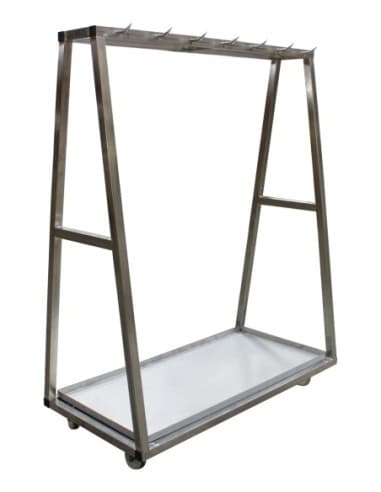 CHARIOT A CARCASSES INOX 304. 1 NIVEAU DE BARRE A DENTS. 11 DENTS. BAC A SANG AMOVIBLE L (en mm) : 1Â 200 - P (en mm) : 700 H (en