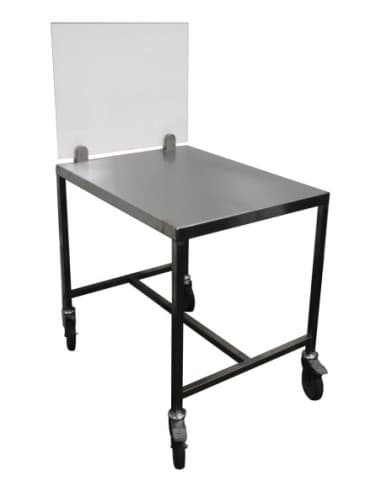 TABLE SUPPORT TRANCHEUR INOX 304 DESSUS EP.15/10 PARE-HAELEINE PLEXI. 600X500X EP.6MM PIETEMENT EN TUBE 25X25 MM 4 VERINS REGLAB