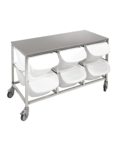 TABLE POUR BACS A INGREDIENTS INOX 304 SUR ROULETTES D.100MM.CHAPE ZINGUEE. PLATEAU INOX POUR 12 BACS 15L REF : BAC15L (NON INCL