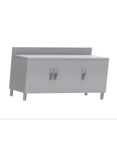 MEUBLE NEUTRE DESSUS INOX 304. 3 PORTES BATTANTES AVEC FERMETURE LOQUETEAU. DOSSERET INOX 150X50 MM L (en mm) : 1Â 800 - P (en mm